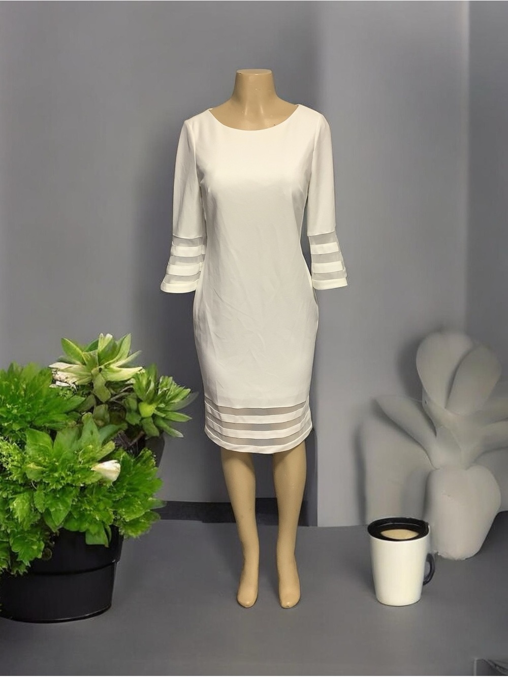 CALVIN KLEIN Mesh Illusion-trim Bell Sleeve Sheath Dress